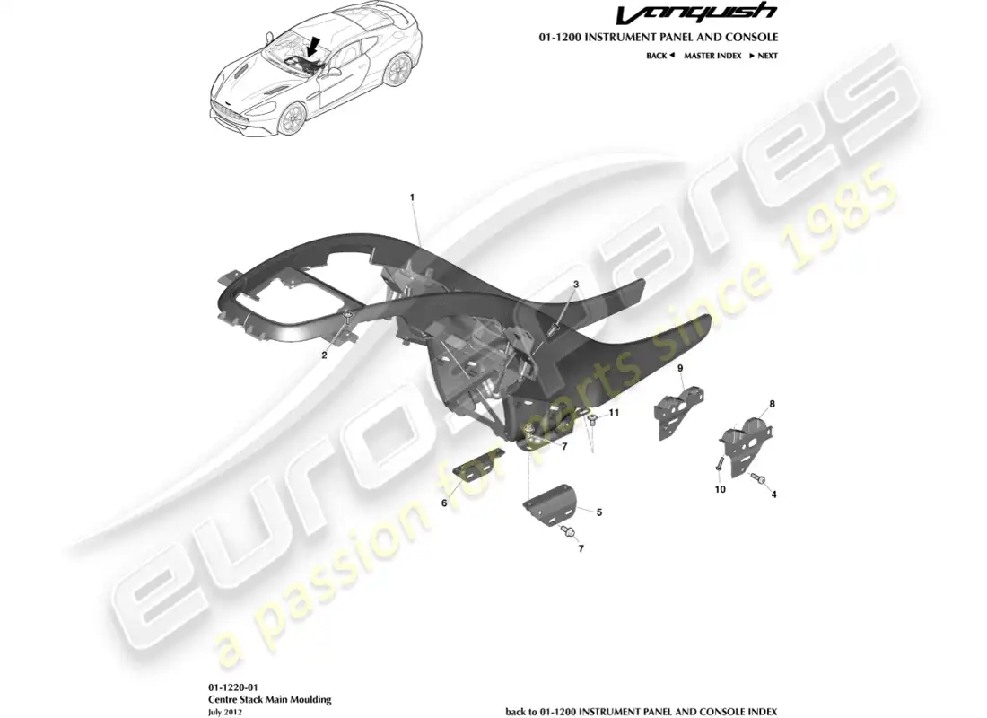 aston martin vanquish (2016) moldura central diagrama de piezas