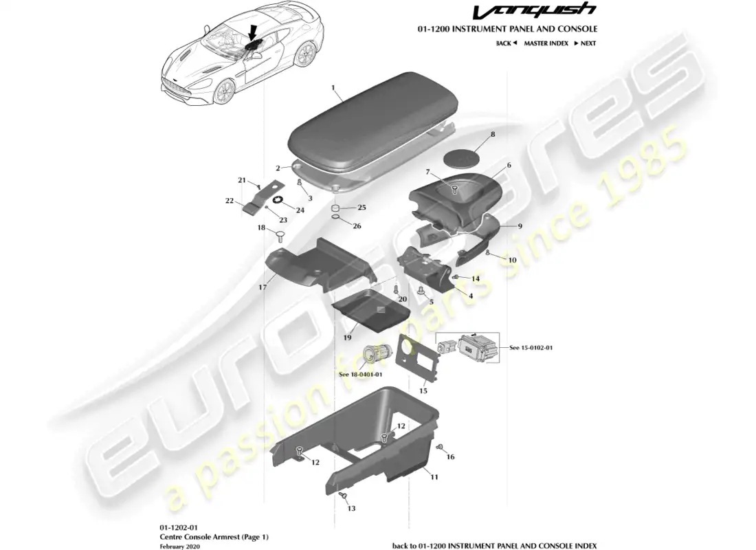 aston martin vanquish (2016) apoyabrazos de la consola central, página 1 diagrama de piezas
