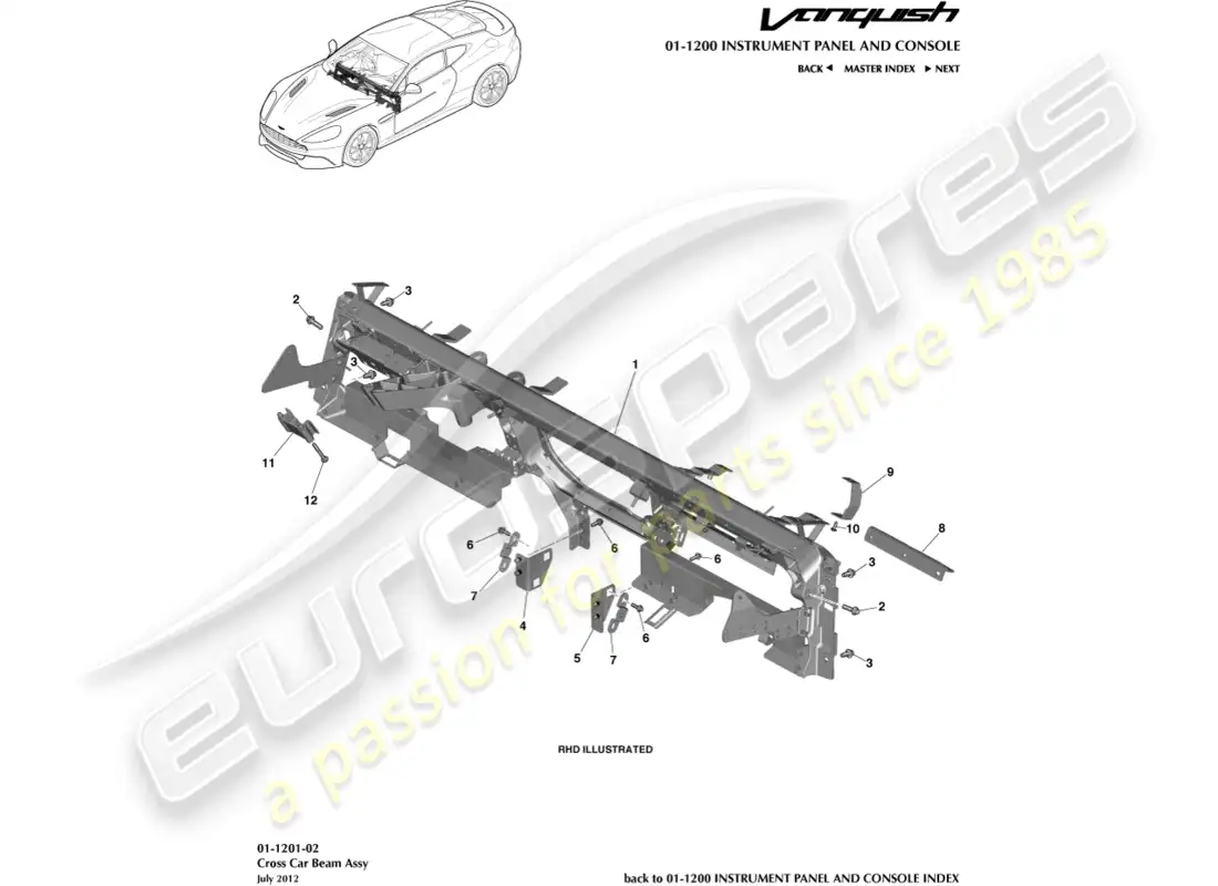 aston martin vanquish (2018) viga transversal ip diagrama de piezas