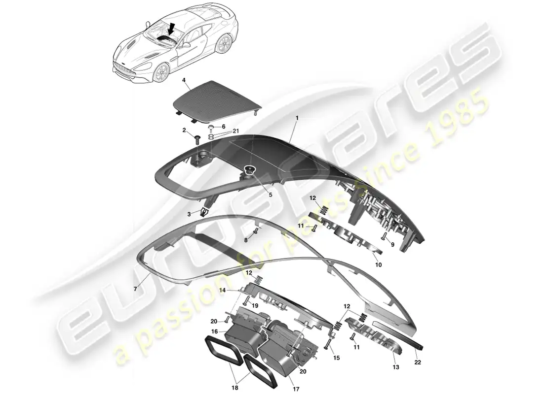 aston martin vanquish (2014) panel de moldura de la consola central diagrama de piezas