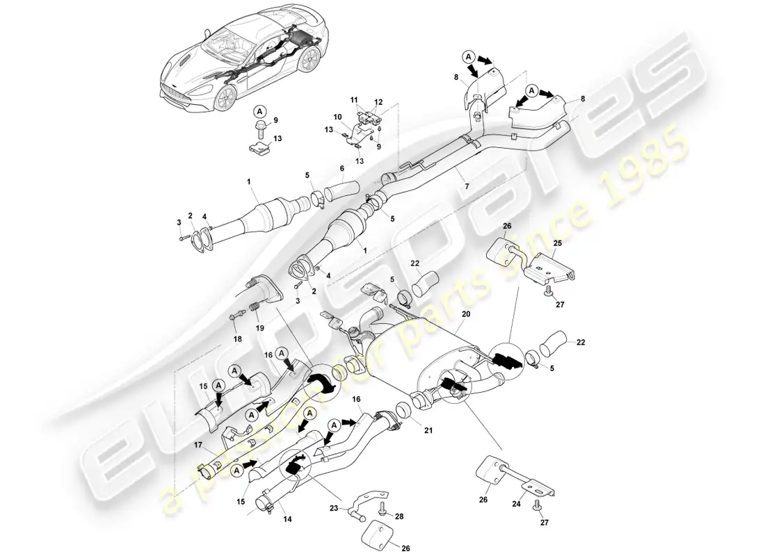 aston martin vanquish (2014) sistema de escape diagrama de piezas