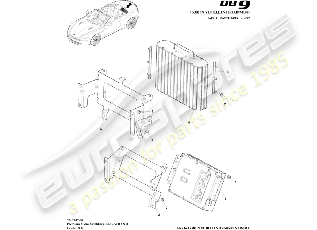 aston martin db9 (2016) amplificadores, b&o, volante diagrama de piezas