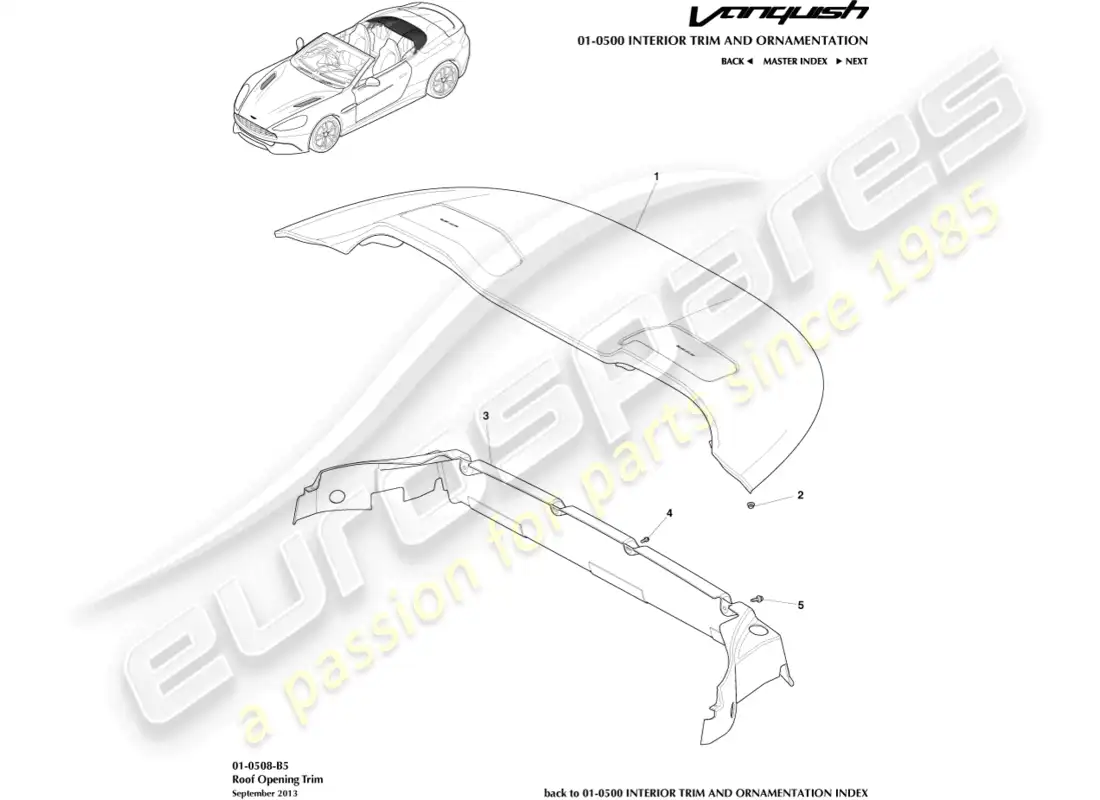 aston martin vanquish (2015) moldura de apertura de techo, volante diagrama de piezas