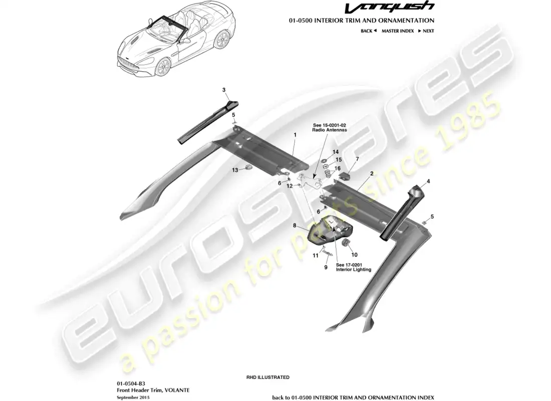 aston martin vanquish (2015) embellecedor del cabezal delantero, volante diagrama de piezas