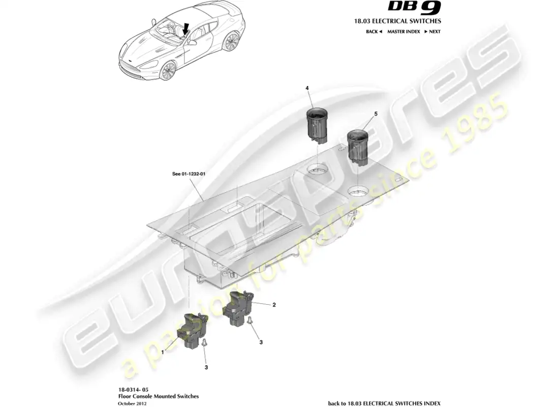 aston martin db9 (2016) interruptores de consola de piso diagrama de piezas