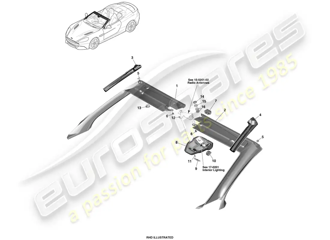 aston martin vanquish (2014) embellecedor del cabezal delantero, volante diagrama de piezas