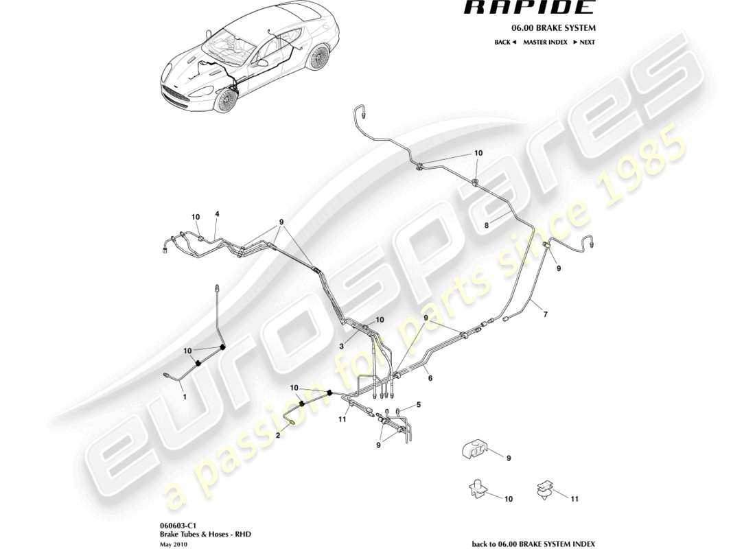 aston martin rapide (2010) líneas y mangueras de freno, diagrama de piezas rhd