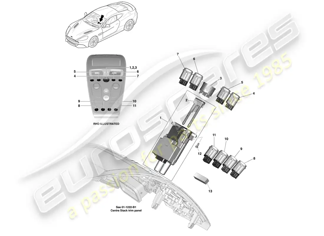 aston martin vanquish (2014) interruptores de consola central diagrama de piezas