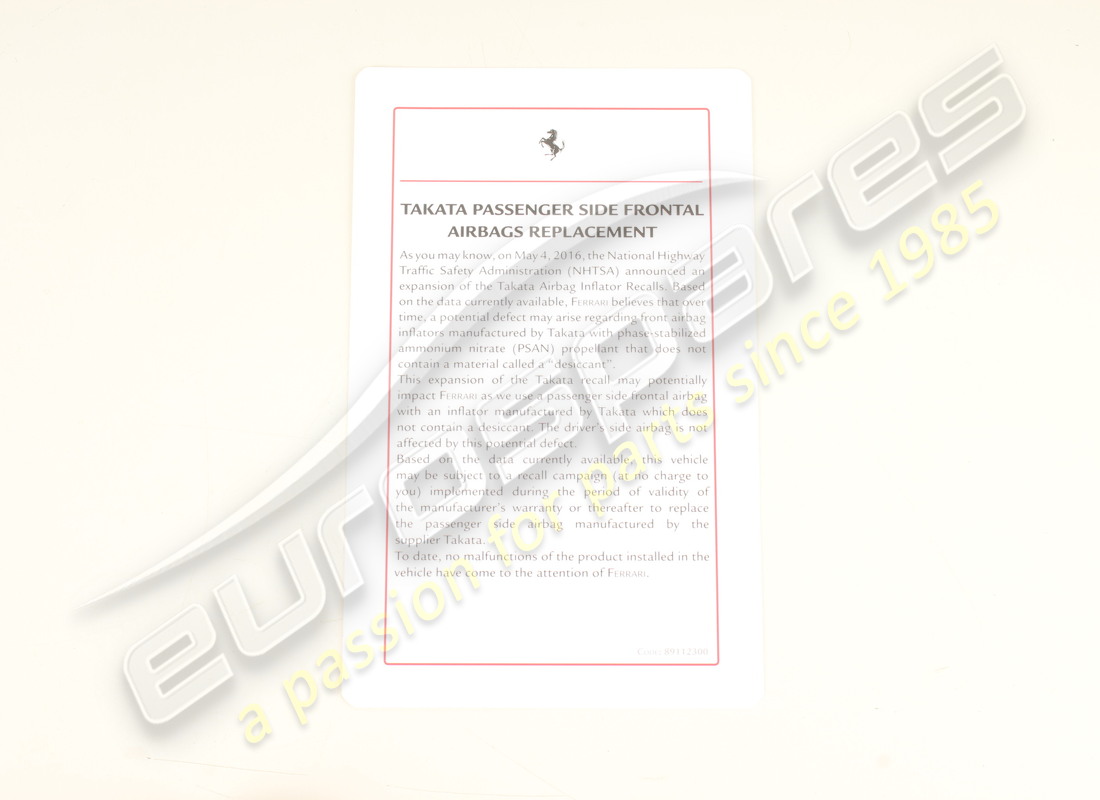 nuevo folleto informativo del airbag ferrari. número de pieza 89112300 (1)