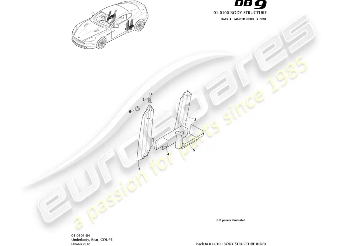 aston martin db9 (2015) bajos, parte trasera, diagrama de piezas del cupé