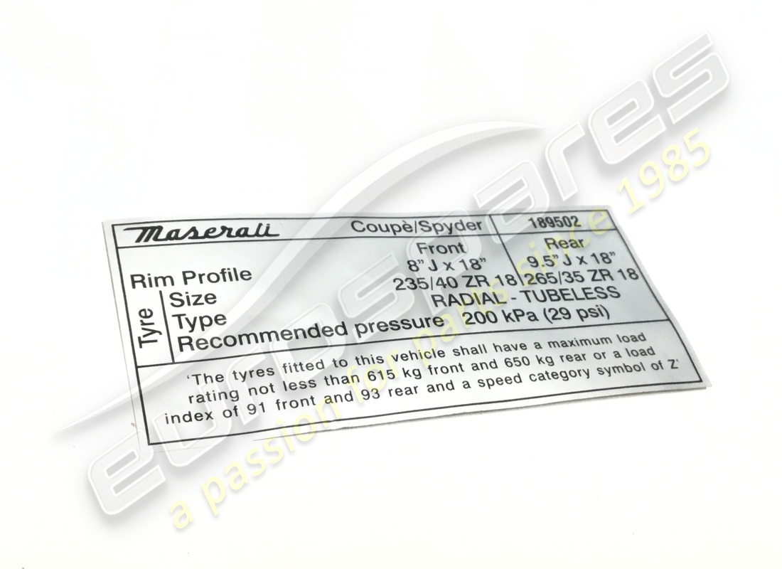 nueva placa de certificación de neumáticos maserati. número de parte 189502 (1)