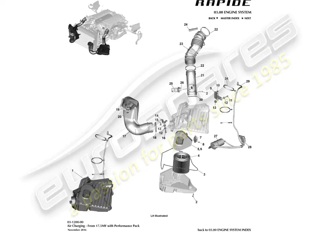 aston martin rapide (2016) carga de aire, paquete de rendimiento diagrama de piezas