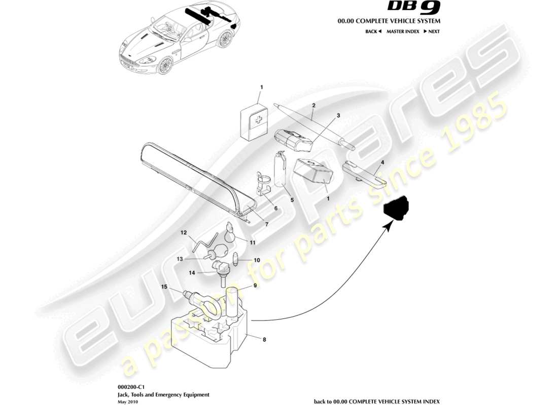aston martin db9 (2007) diagrama de piezas del equipo de emergencia