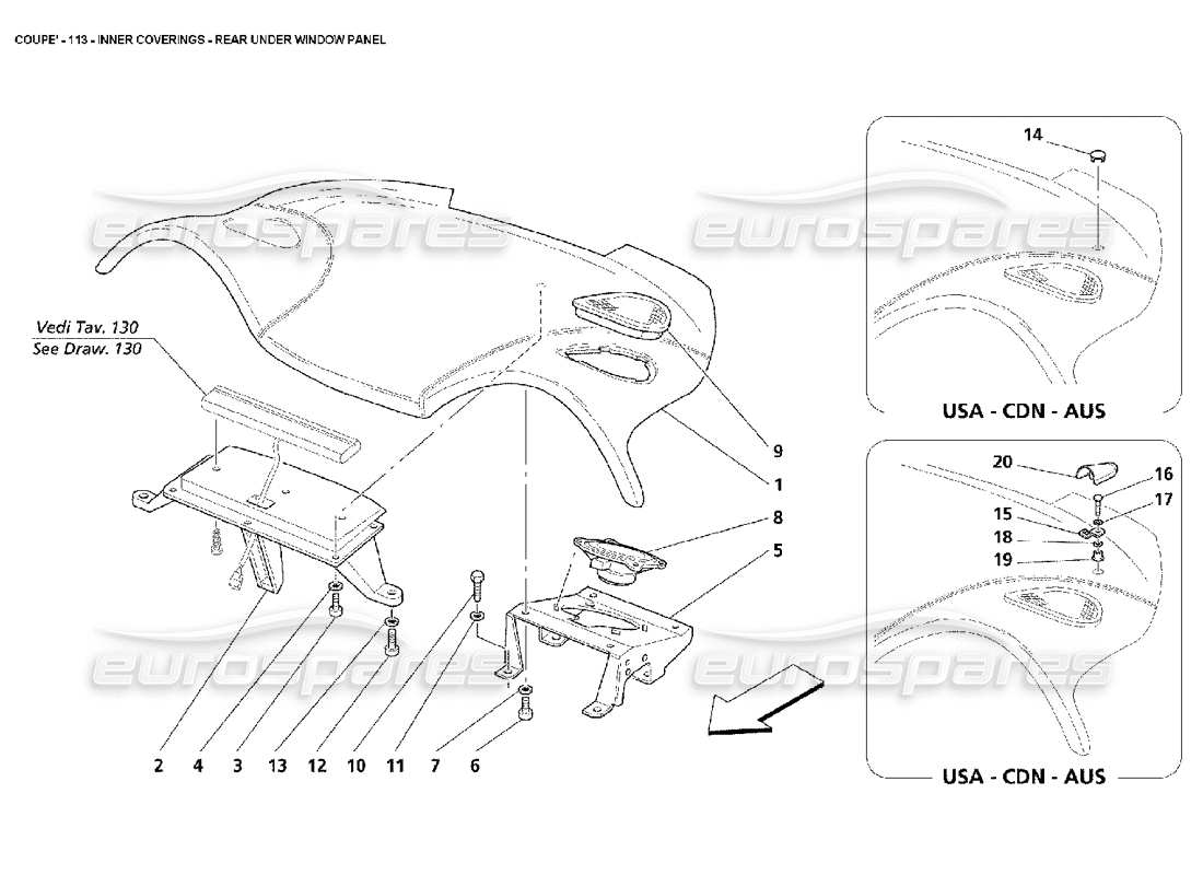 maserati 4200 coupe (2002) revestimientos interiores: diagrama de piezas del panel trasero debajo de la ventana