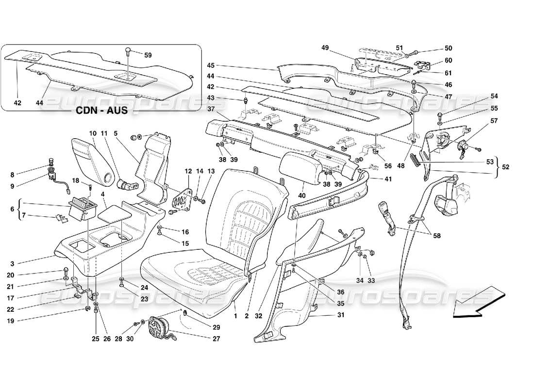 ferrari 456 m gt/m gta diagrama de piezas de asientos traseros y cinturones