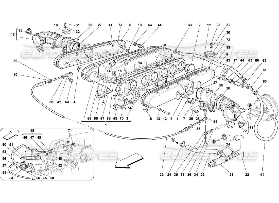 ferrari 550 maranello diagrama de piezas de los colectores de admisión de aire