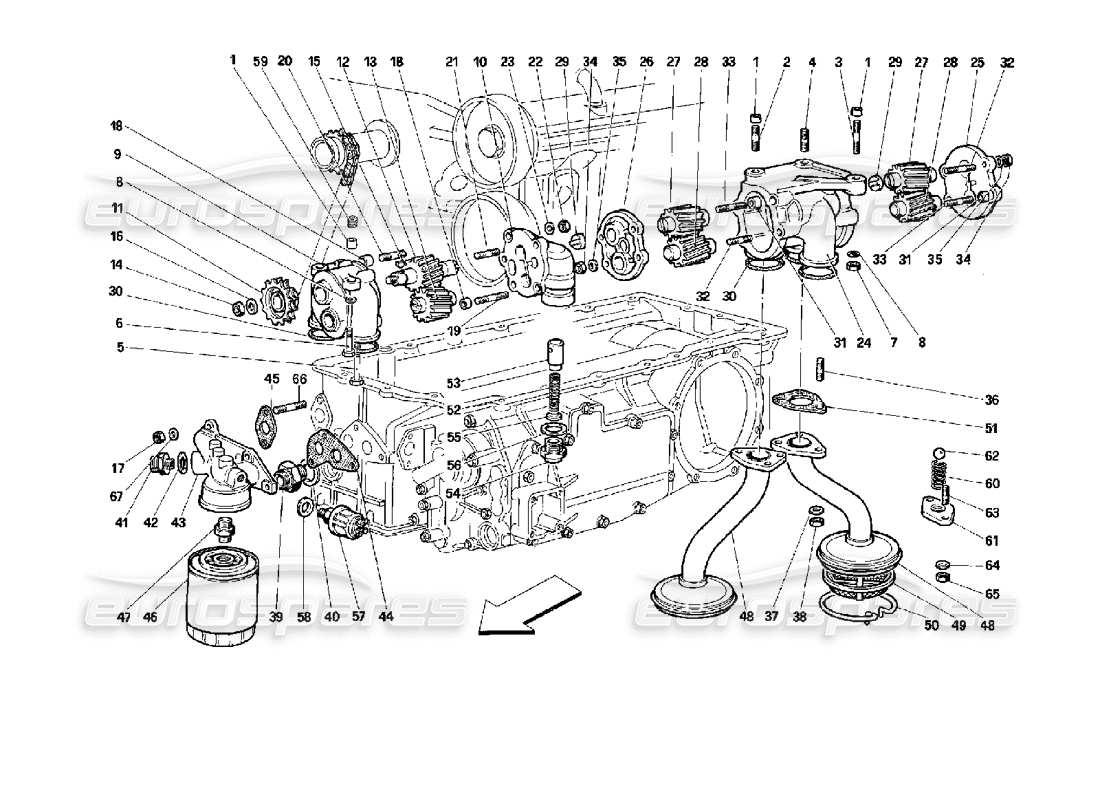 ferrari 512 m lubricación: diagrama de piezas de bombas y filtro de aceite