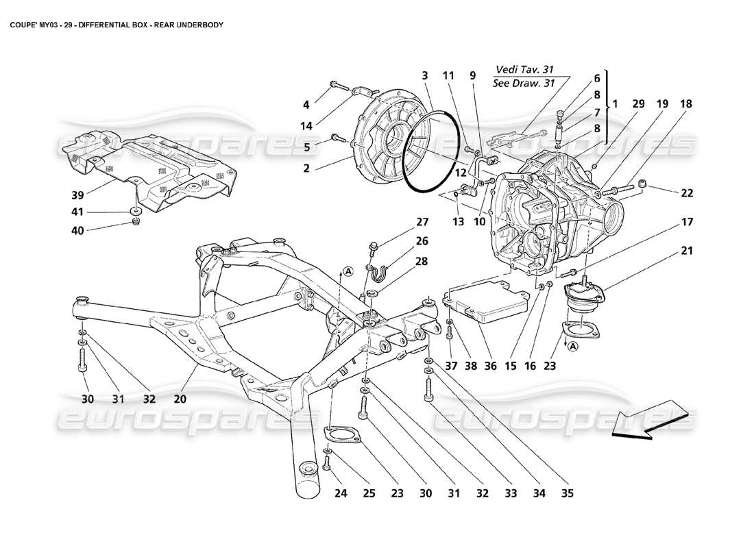 maserati 4200 coupe (2003) caja del diferencial - diagrama de piezas de los bajos traseros