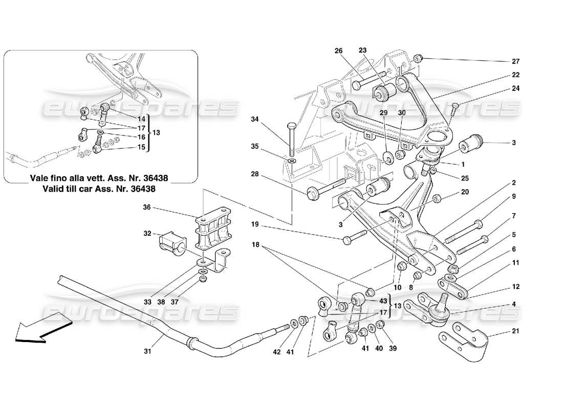 ferrari 550 maranello suspensión delantera: diagrama de piezas de brazos oscilantes y barra estabilizadora