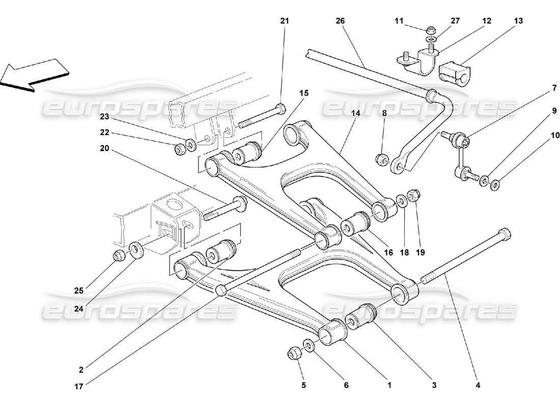 ferrari 550 maranello suspensión trasera: diagrama de piezas de brazos oscilantes y barra estabilizadora