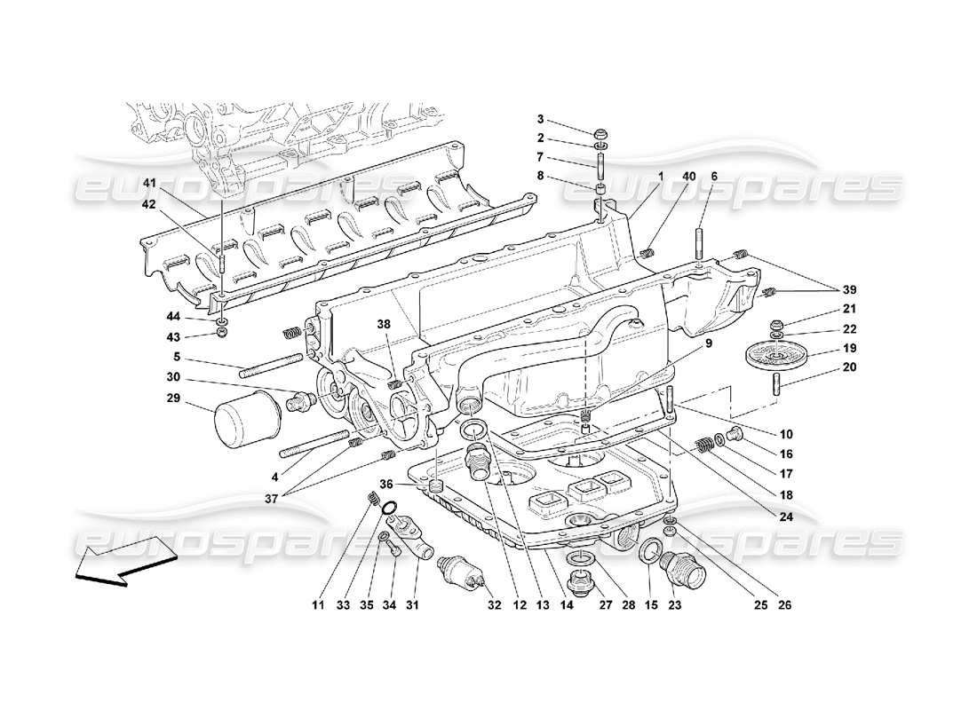ferrari 550 maranello lubricación: diagrama de piezas de filtros y cárteres de aceite