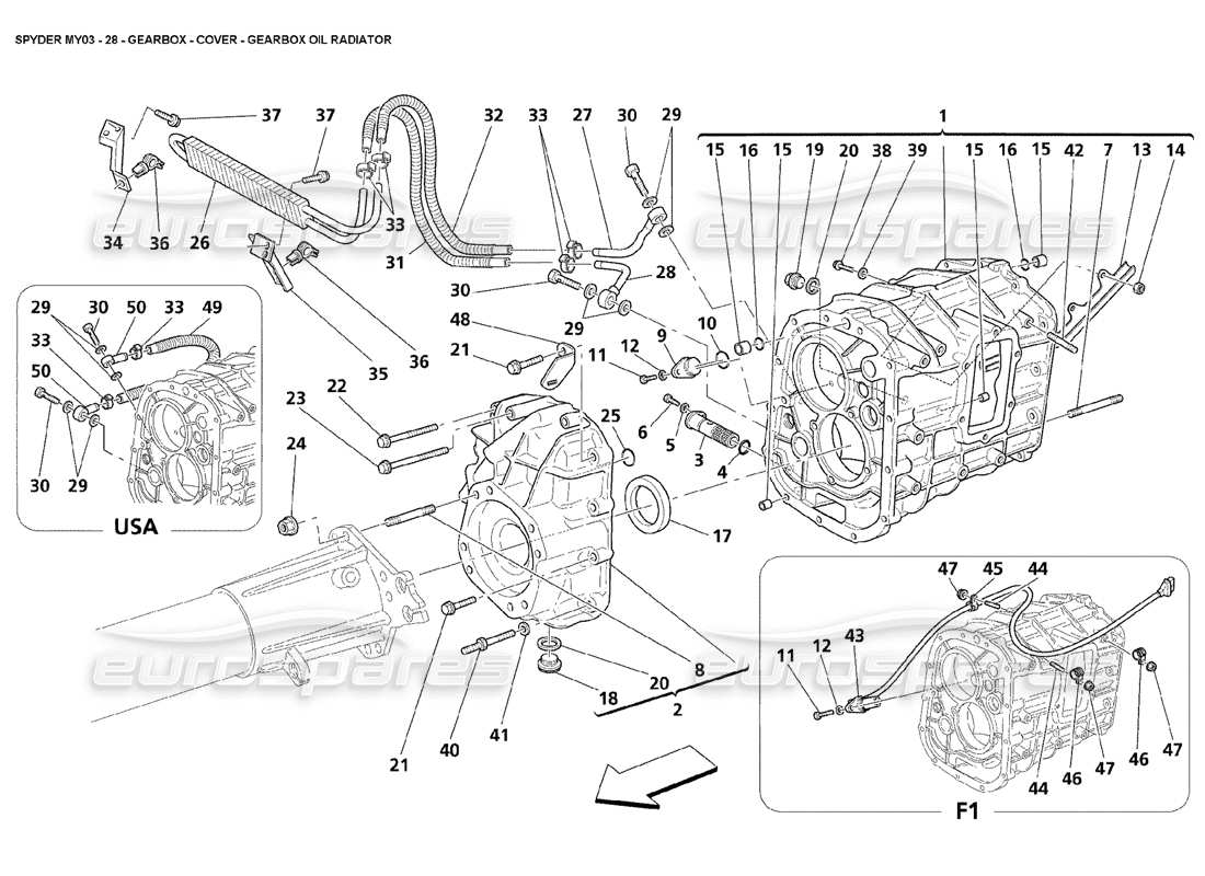 maserati 4200 spyder (2003) caja de cambios - cubierta - diagrama de piezas del radiador de aceite de la caja de cambios