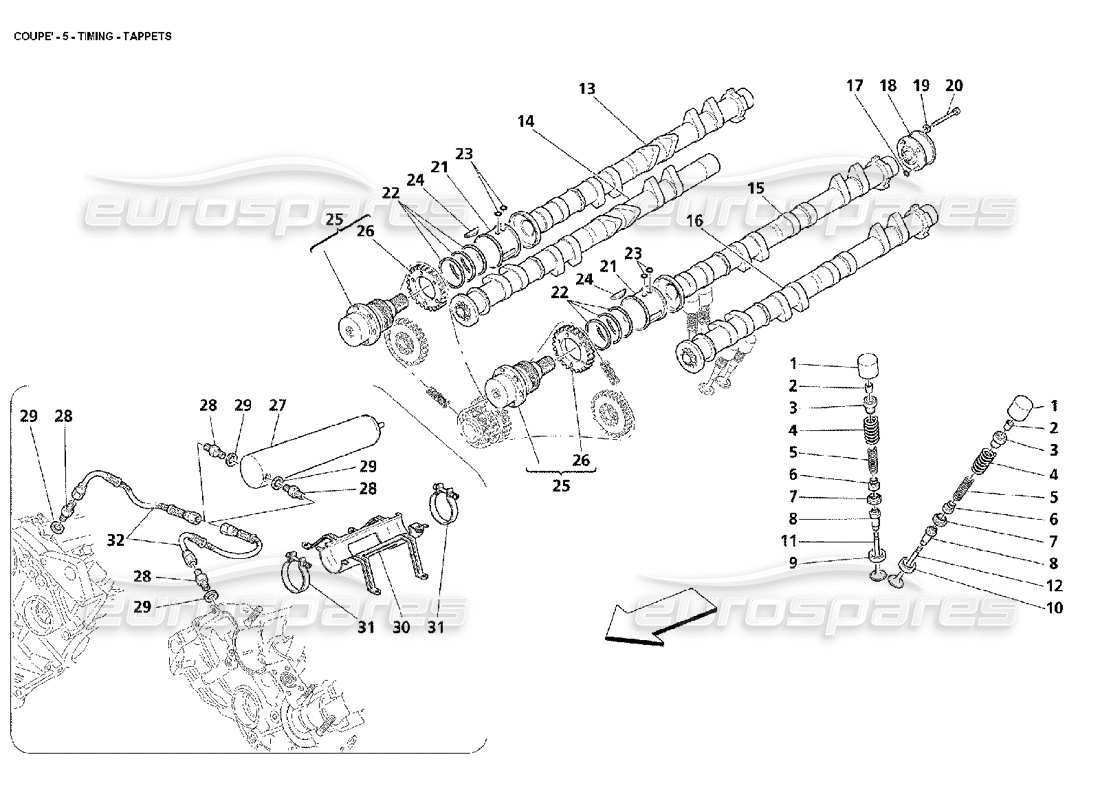 maserati 4200 coupe (2002) distribución: diagrama de piezas de los taqués