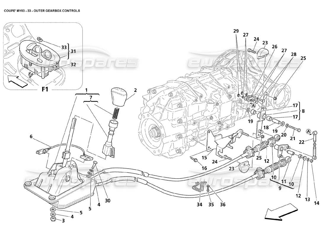 maserati 4200 coupe (2003) diagrama de piezas de los controles exteriores de la caja de cambios