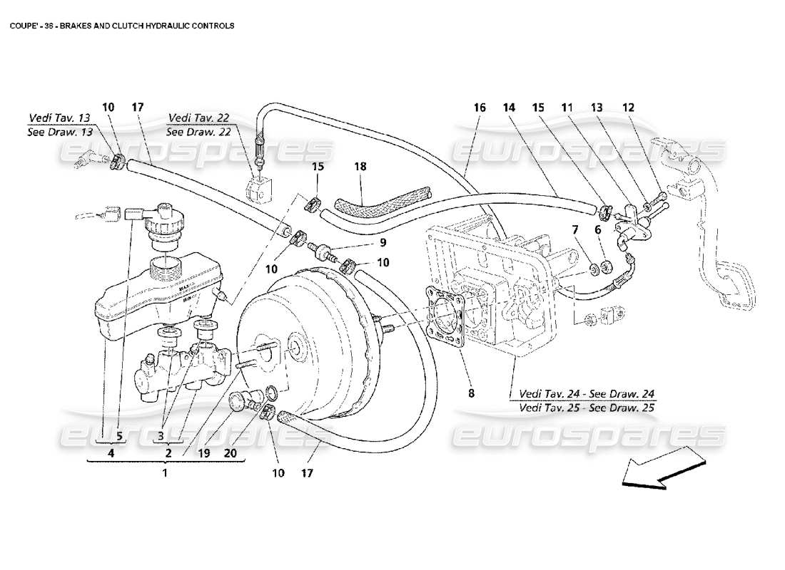maserati 4200 coupe (2002) diagrama de piezas de controles hidráulicos de frenos y embrague