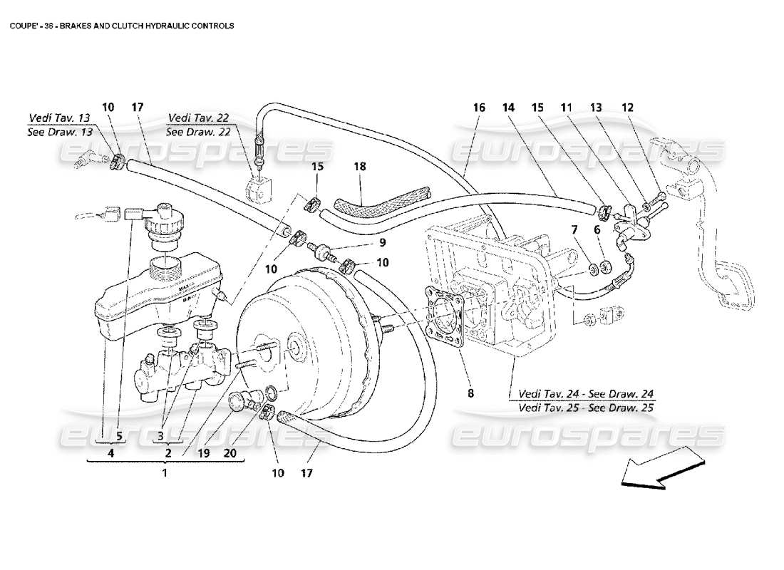 maserati 4200 coupe (2002) controles hidráulicos de frenos y embrague diagrama de piezas