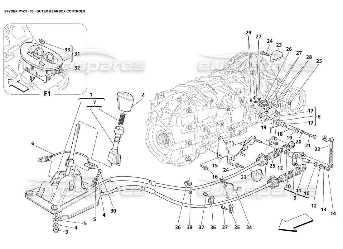 maserati 4200 spyder (2003) diagrama de piezas de los controles exteriores de geabox