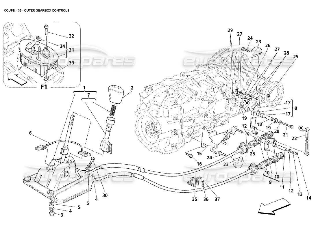 maserati 4200 coupe (2002) diagrama de piezas de los controles exteriores de la caja de cambios