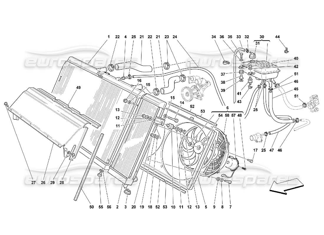 ferrari 550 maranello sistema de refrigeración: diagrama de piezas del radiador y nourice