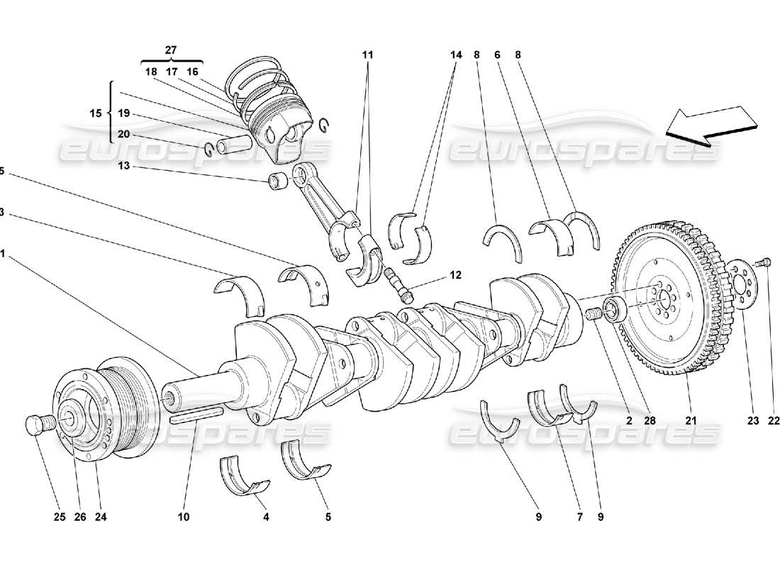 ferrari 550 maranello eje impulsor: diagrama de piezas de bielas y pistones