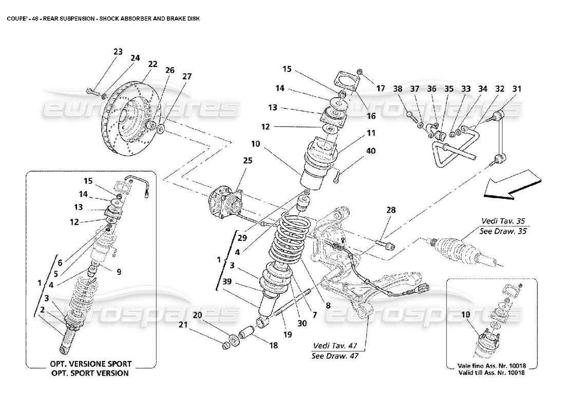 maserati 4200 coupe (2002) suspensión trasera: diagrama de piezas del amortiguador y del disco de freno