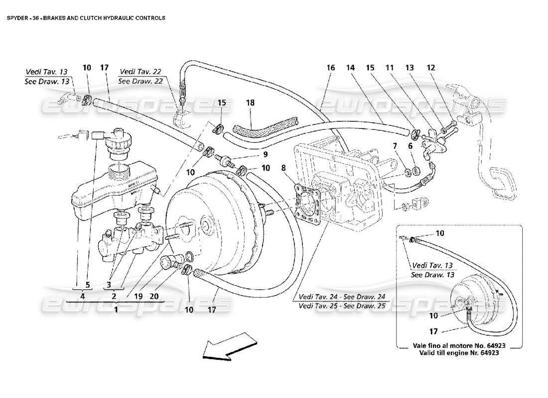 maserati 4200 spyder (2002) controles hidráulicos de frenos y embrague diagrama de piezas