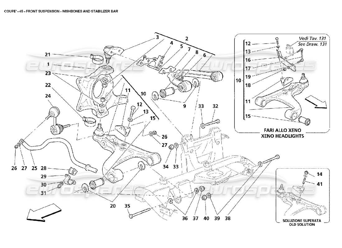 maserati 4200 coupe (2002) suspensión delantera: diagrama de piezas de brazos oscilantes y barra estabilizadora