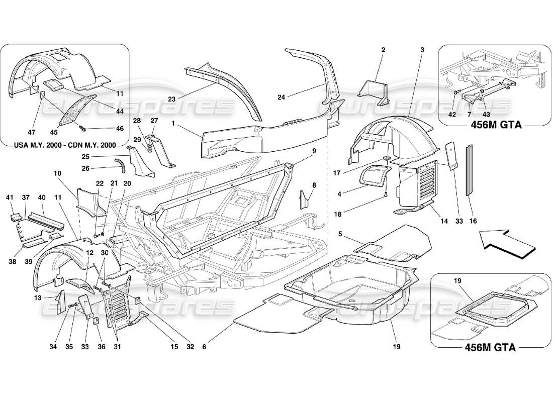 ferrari 456 m gt/m gta diagrama de piezas de estructuras y componentes traseros