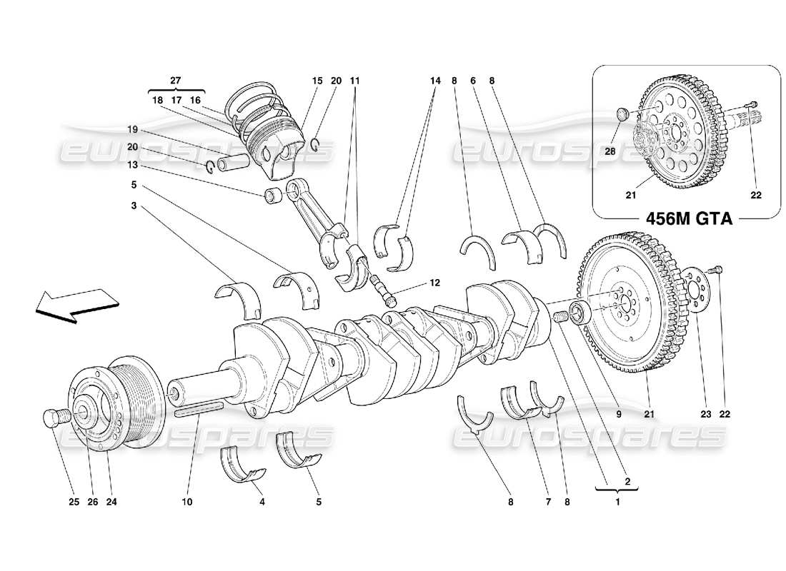 ferrari 456 m gt/m gta eje impulsor: diagrama de piezas de bielas y pistones
