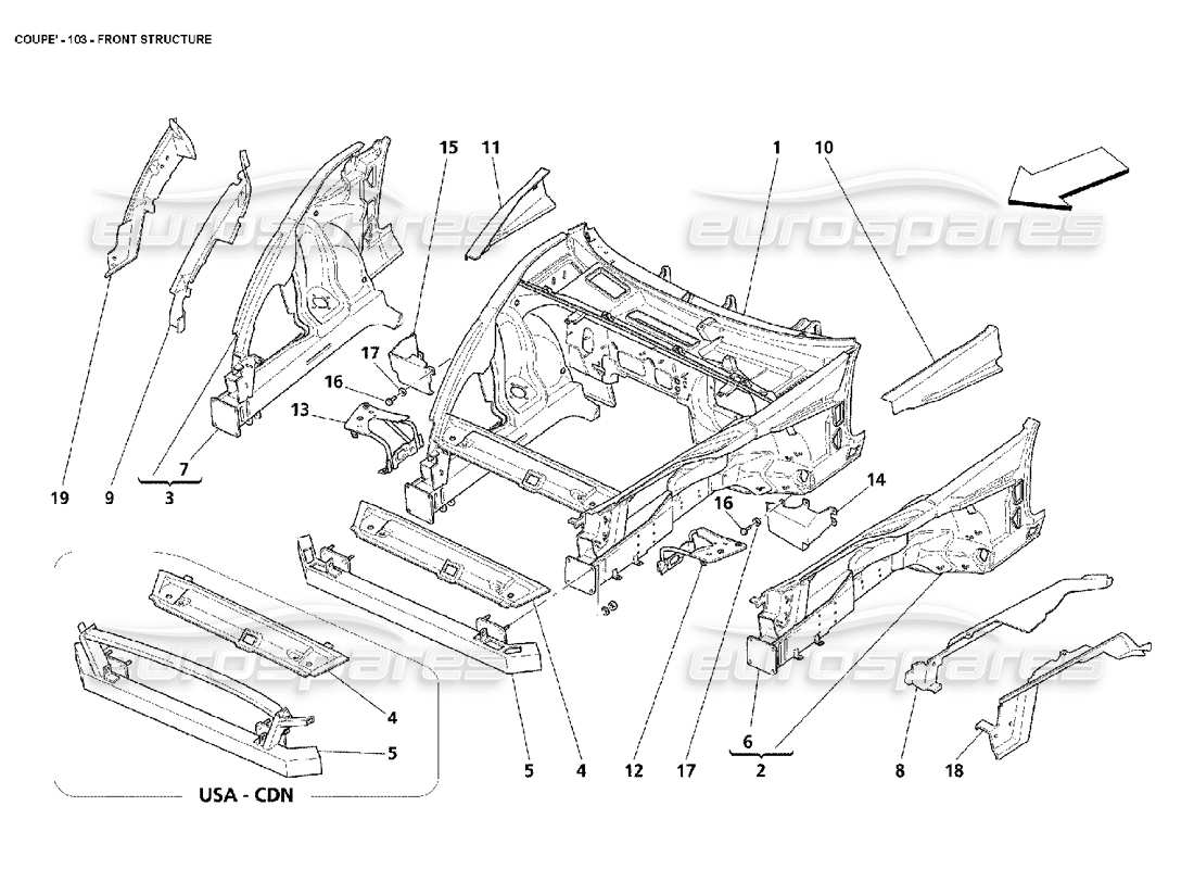 maserati 4200 coupe (2002) diagrama de piezas de la estructura frontal