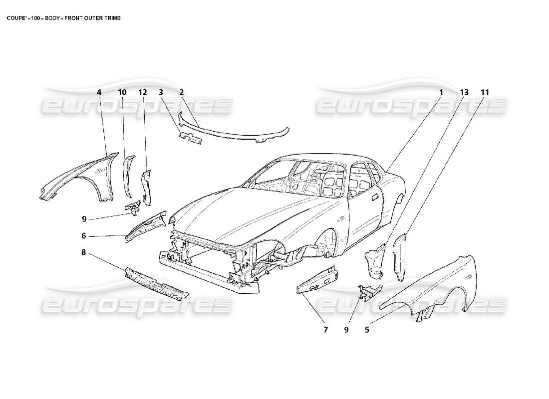 maserati 4200 coupe (2002) carrocería - diagrama de piezas de embellecedores exteriores delanteros
