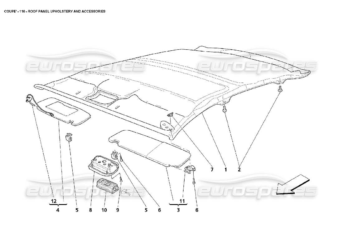 maserati 4200 coupe (2002) diagrama de piezas de tapicería y accesorios del panel del techo