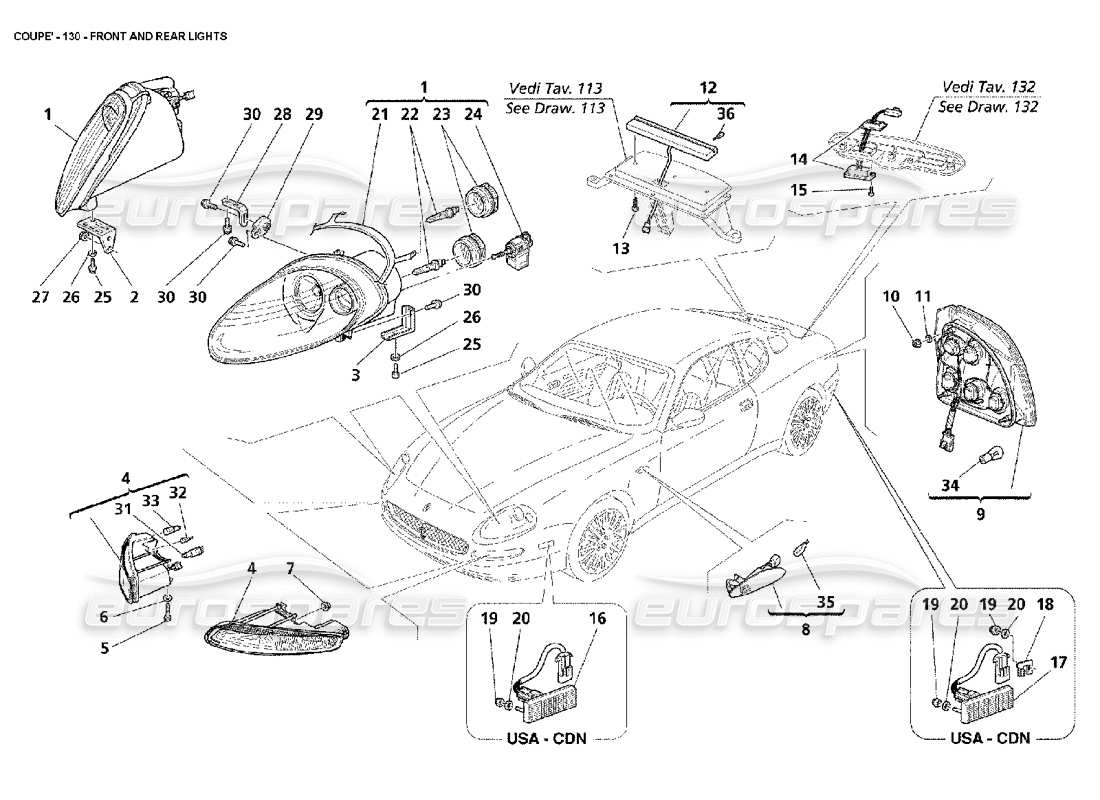 maserati 4200 coupe (2002) diagrama de piezas de las luces delanteras y traseras