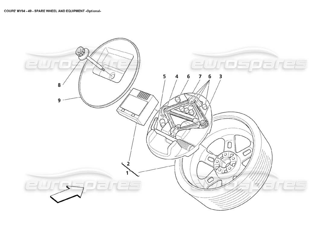 maserati 4200 coupe (2004) diagrama de piezas opcionales de rueda de repuesto y equipo