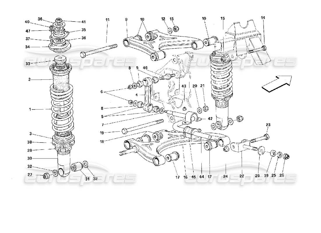 ferrari 512 m suspensión trasera: diagrama de piezas de horquillas y amortiguador
