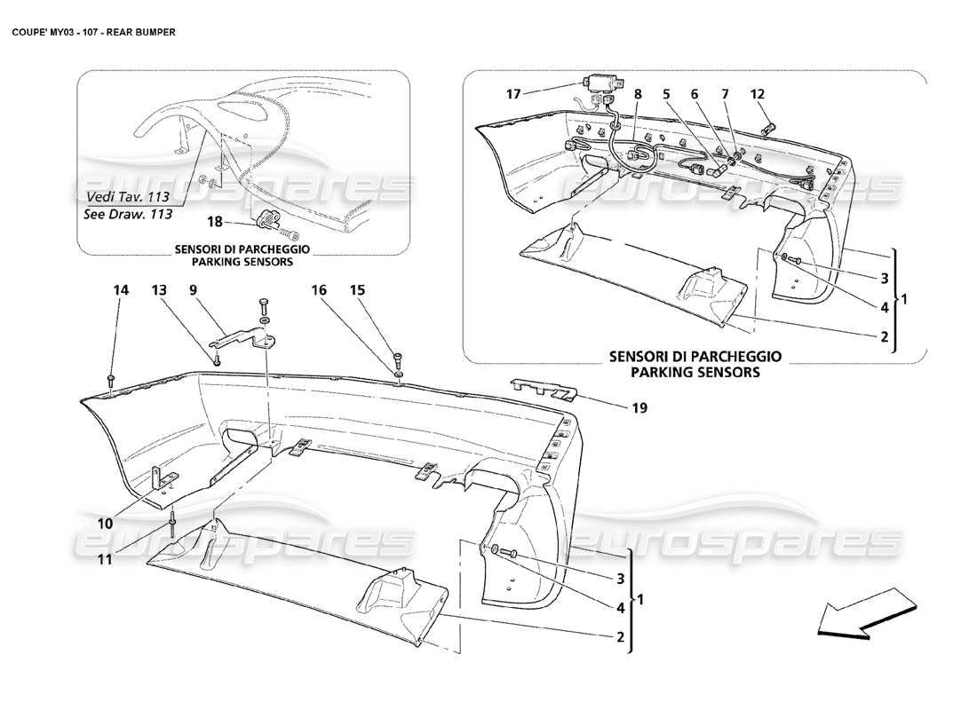 maserati 4200 coupe (2003) parachoques trasero diagrama de piezas