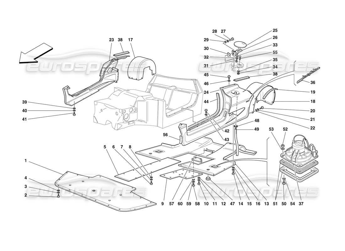 ferrari f50 carrocería: elementos laterales, piso plano y pasos de rueda traseros diagrama de piezas