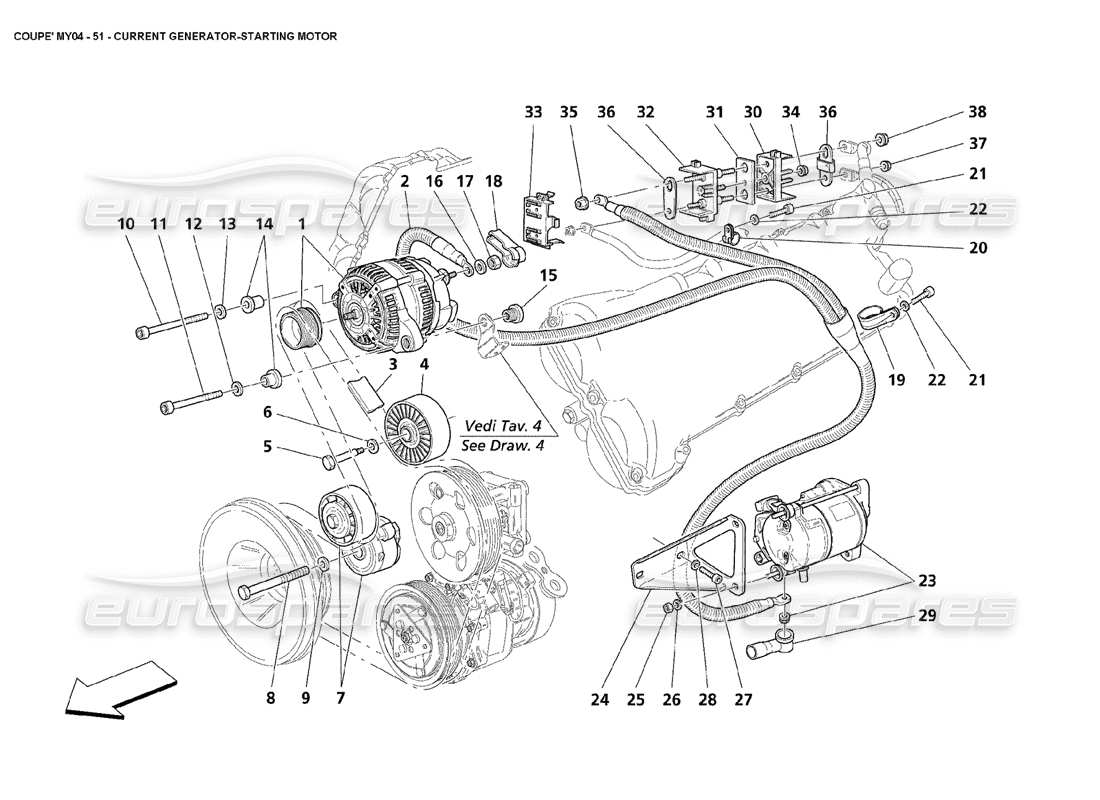 maserati 4200 coupe (2004) diagrama de piezas del motor de arranque del generador de corriente