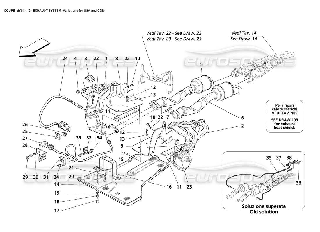 maserati 4200 coupe (2004) variaciones del sistema de escape para ee. uu. y diagrama de piezas cdn