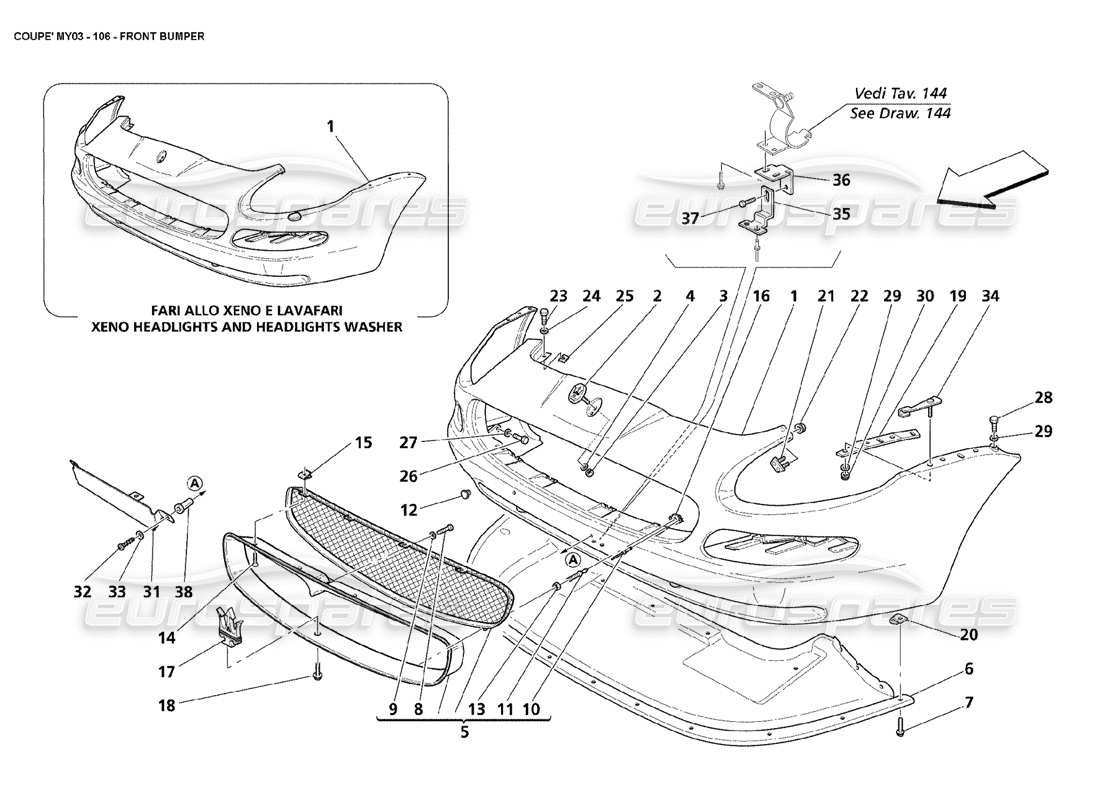 maserati 4200 coupe (2003) diagrama de piezas del parachoques delantero